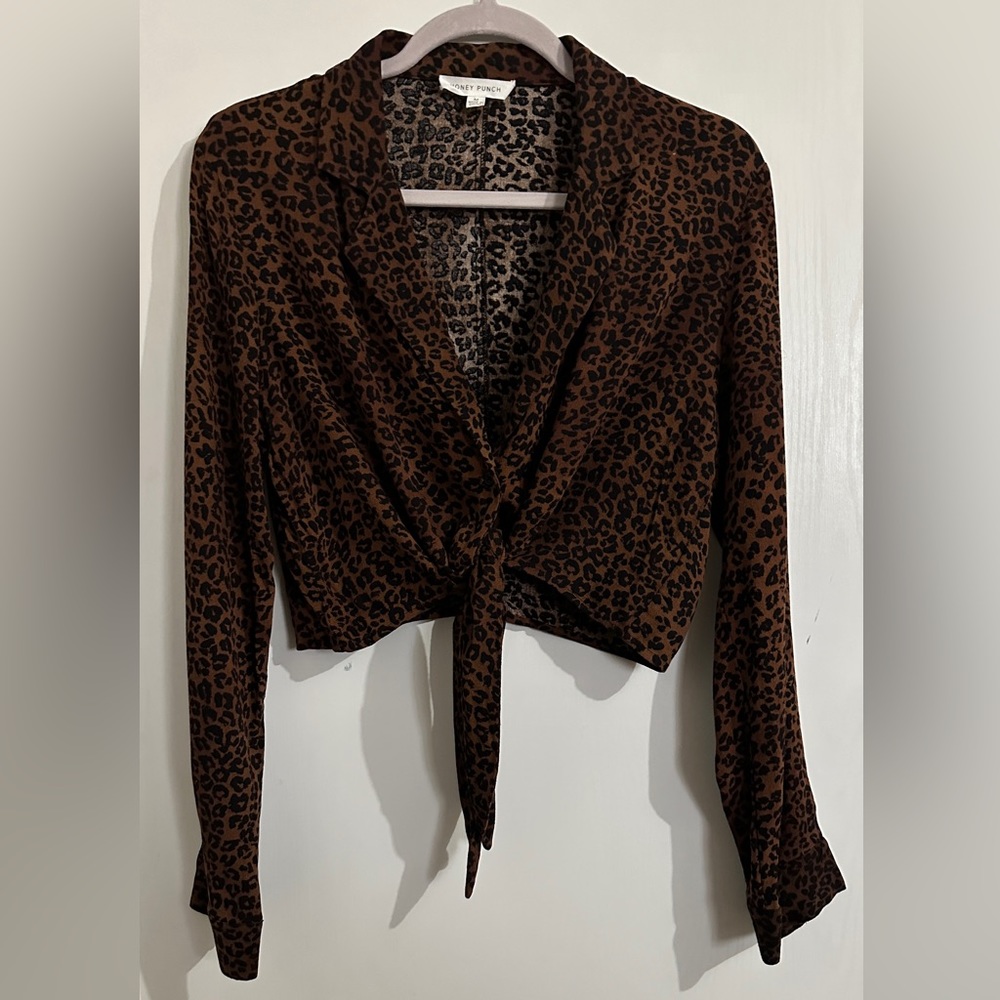 Honey punch animal print long sleeve tie top